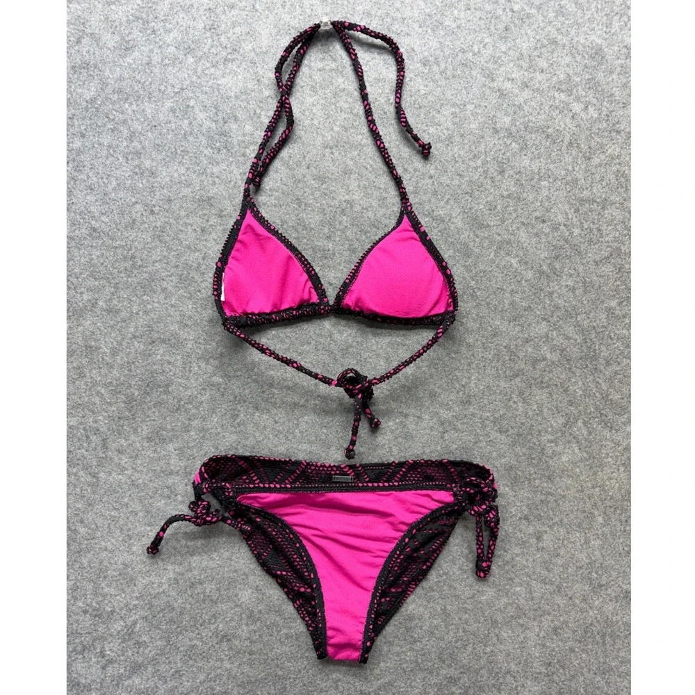 Roxy Girl Pink Black Crochet Geometric Triangle Bikini Set Swimsuit XS? Beach